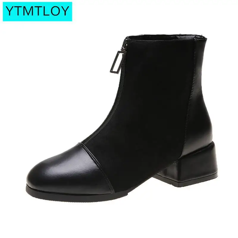 Black Brown Western Ankle Boots Women PU Leather High Heel Booties Heels Short Motorcycle Shoes Ankle Boots For Women - Цвет: Black