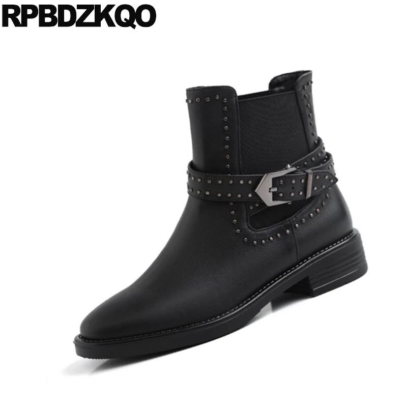 Женские байкерские ботильоны челси с заклепками Черные полусапожки круглым