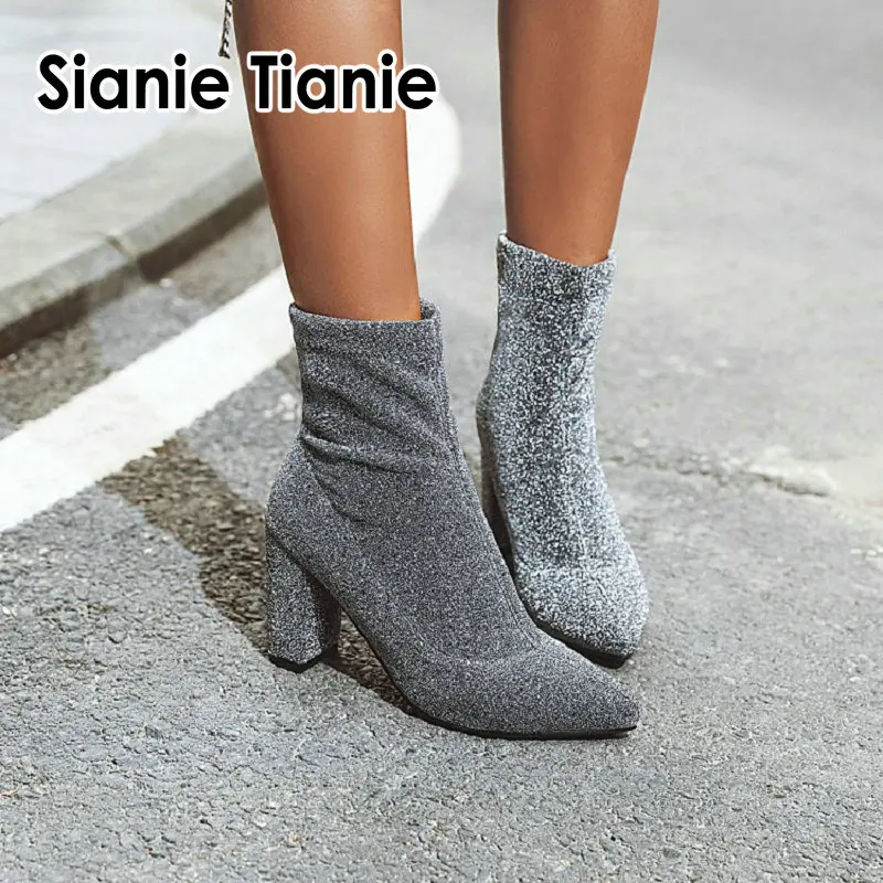 Sianie Tianie/блестящие женские Стрейчевые ботинки; цвет фиолетовый, серебристый; в клетку; леопардовый принт; сексуальный носок; ботинки; женские ботильоны на высоком каблуке