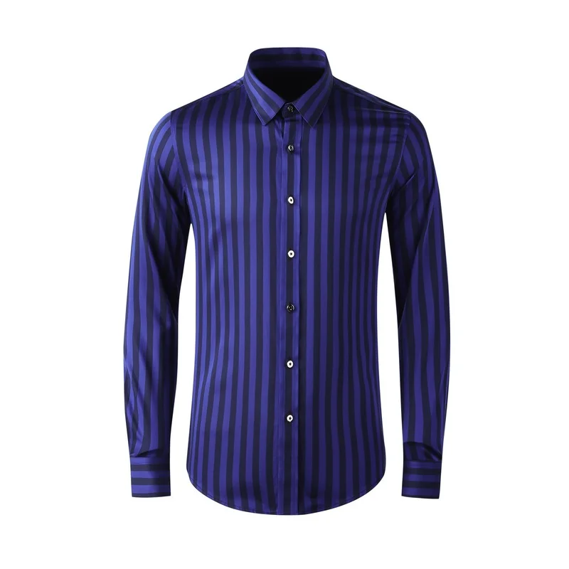 

2021 Four Seasons Long Sleeve Men's Striped Shirt Tencel Cotton Spinning Thin Top Gentleman Men's Clothing korean style men