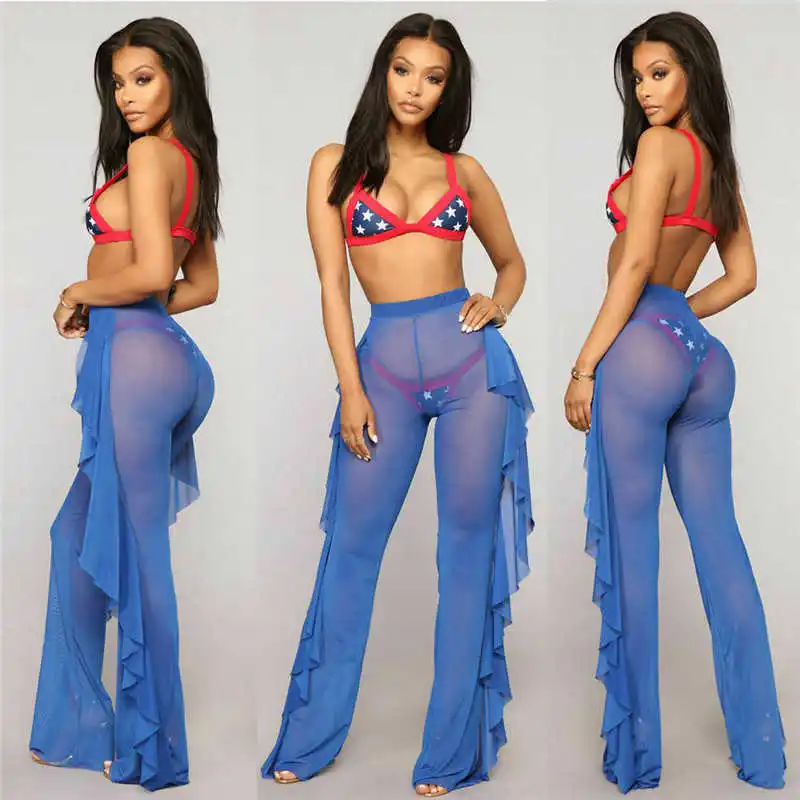 

2021 Sexy Women See-through Pants Bikini Cover Up Mesh Ruffle Bottoms Plus Size Loose Long Trousers Beachwear Swimwear Swimsuit