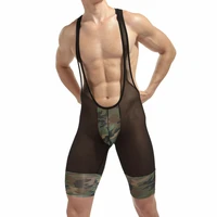 mesh men undershirt sexy jumpsuit see camouflage soft breathable underwear transparent shorts bodysuits boxers wrestling suits