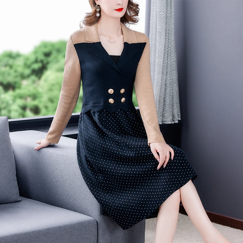 

Женское трикотажное платье в горошек, повседневное черное облегающее платье средней длины составного кроя в корейском винтажном стиле, Осе...