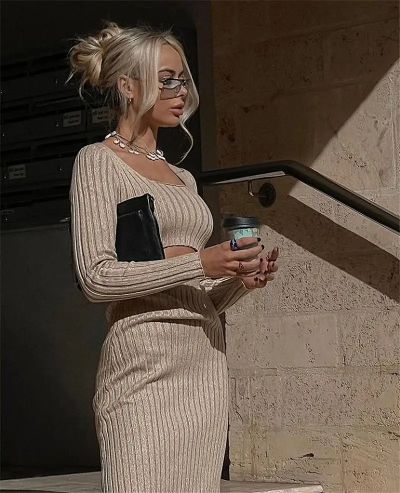 

Женский комплект из двух предметов, элегантный осенний трикотажный облегающий укороченный топ и длинная повседневная юбка, шикарная пулов...