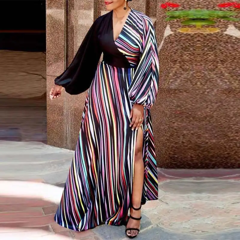 

Long Maxi Dress 2022 VONDA Autumn Women Sexy V Neck Side Slit Striped Dresses Ladies Split Hem Party Vestidos Loose Holiday Robe