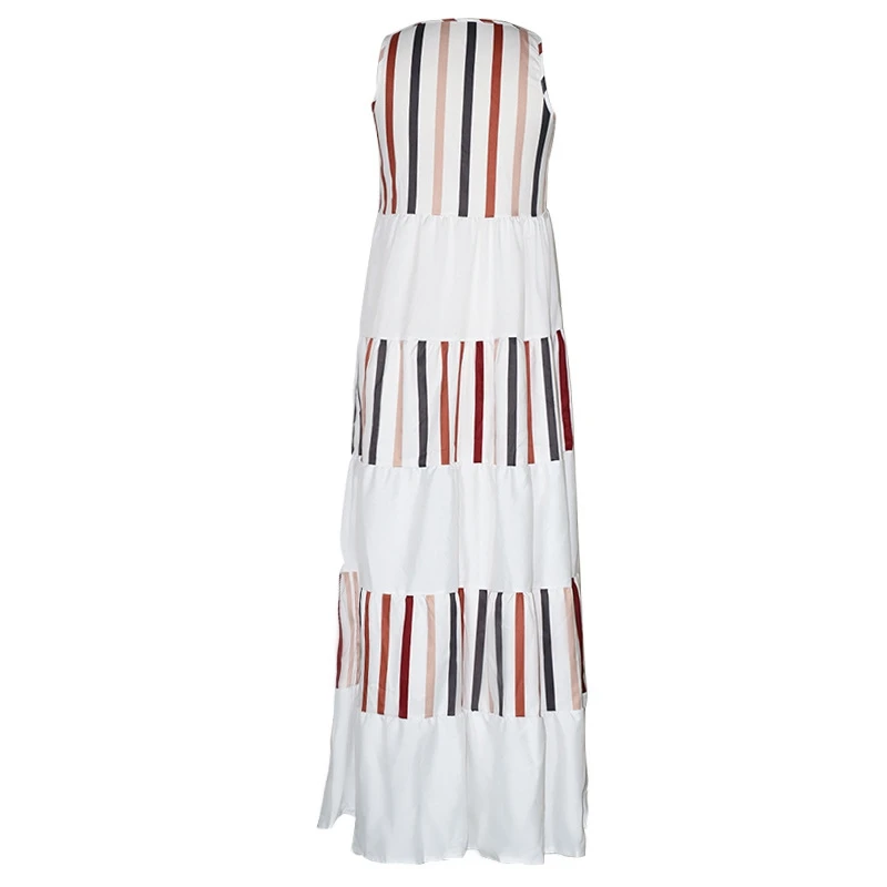 

STYLISH LADY Striped Printed Eleagnt Dress 2021 Summer Women Sleeveless O Neck Casual Loose Contrast Color Long Maxi Dress