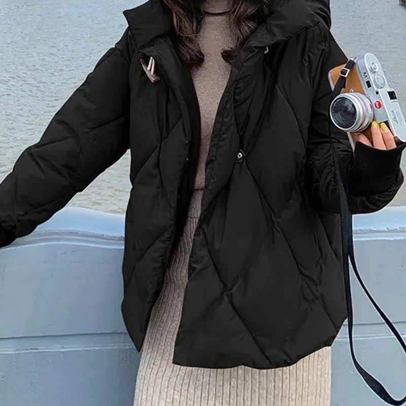 

2021 winter women's button loose padded jacket women's solid color regular hooded all-match padded jacket new