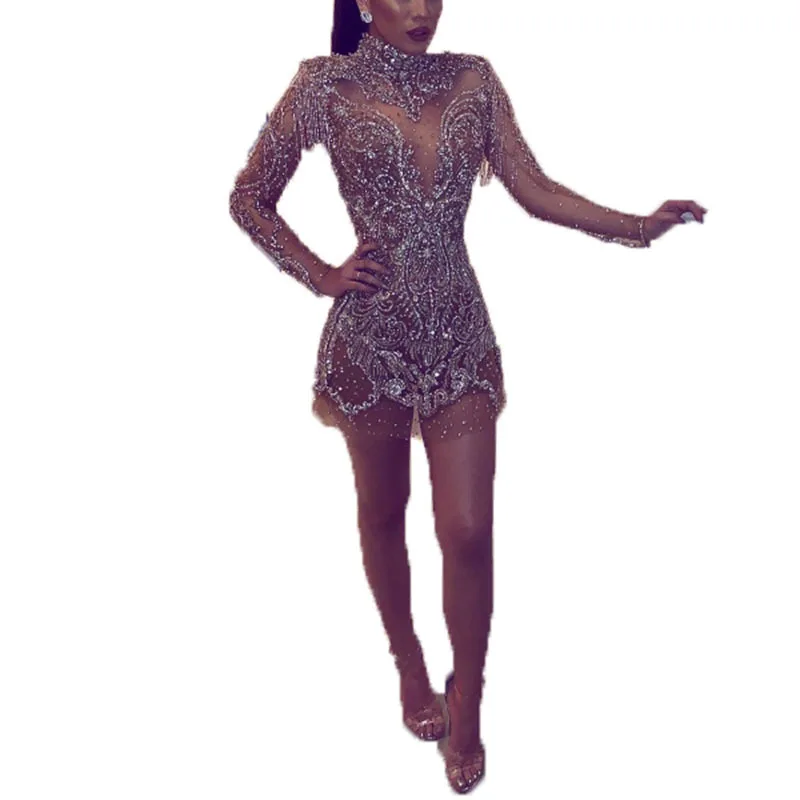 

2021 Sexy See Through Shining Rhinestone Mini Dress Women Fashion Sequined Split Irregular Backless Nightclub Party Dress