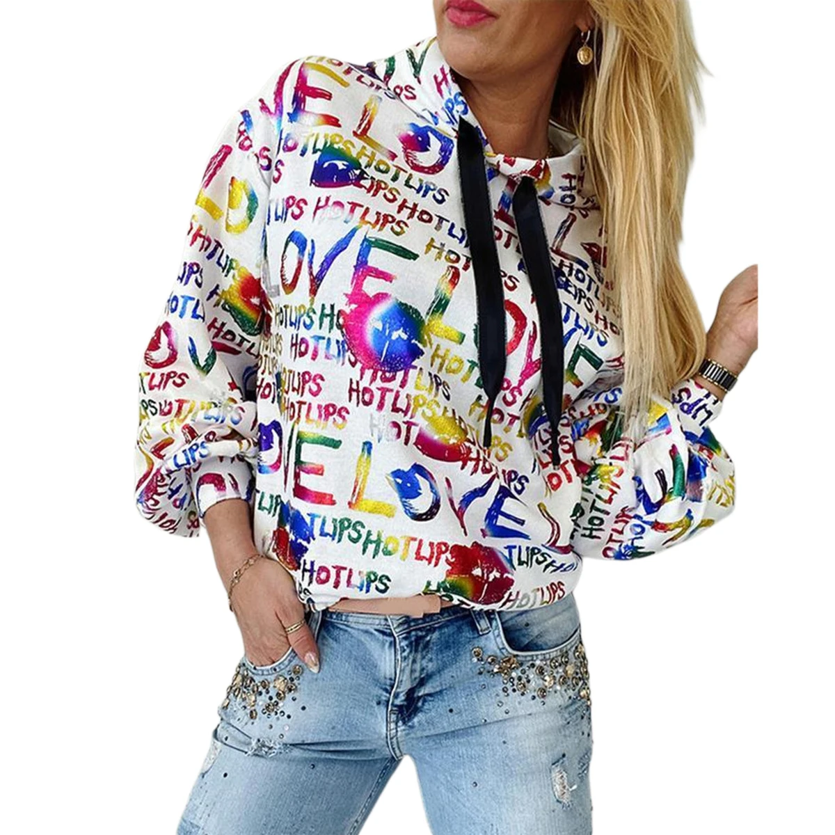 

Women's Letter Printed Long Sleeve Hooded Sweatshirt Random Print Letter Casual Top Rainbow Color Matching Streetwear Casual Top