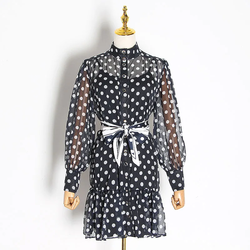 CHICEVER/платье в горошек с бантом женское платье со стоячим воротником и