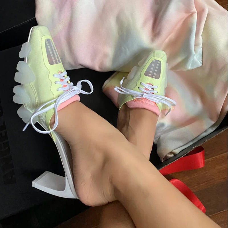 Женские туфли на высоком каблуке шнуровка квадратный носок летние шлепанцы