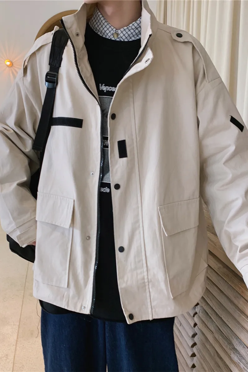 

Workwear Jacket 100% Cotton Solid Color Male Autumn Fashion Jacket Male Korean Style Trend Loose College Style Clothes Beige