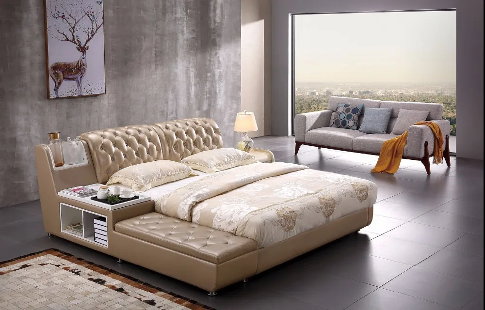

real Genuine leather bed frame Modern Soft Beds with storage Home Bedroom Furniture cama muebles de dormitorio / camas quarto