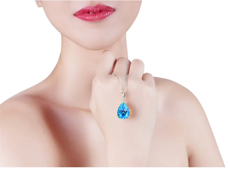 Женское серебряное ожерелье 925 пробы колье чокер с голубым кулоном в форме капли