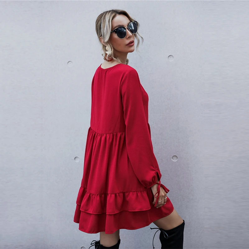 

Autumn Winter Ruffles Solid Dress Women Casual O Neck High Waist Above Knee Dress For Women 2020 New Fashion