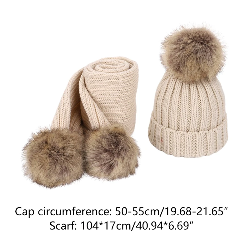 

2pcs Children Knitted Beanie Hat Scarf Set Cute Infant Baby Fake Ball Pom Pom Cap Warm Winter Beanies for 3-8 Years Old
