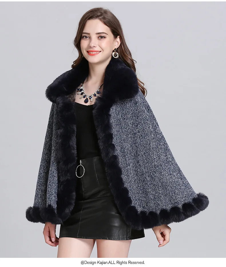 Женская накидка с воротником из искусственного меха лисы, Новое Модное пончо, зимняя большая накидка, вязаная теплая плотная шаль большой маятник кардиган «Ласточкин хвост»