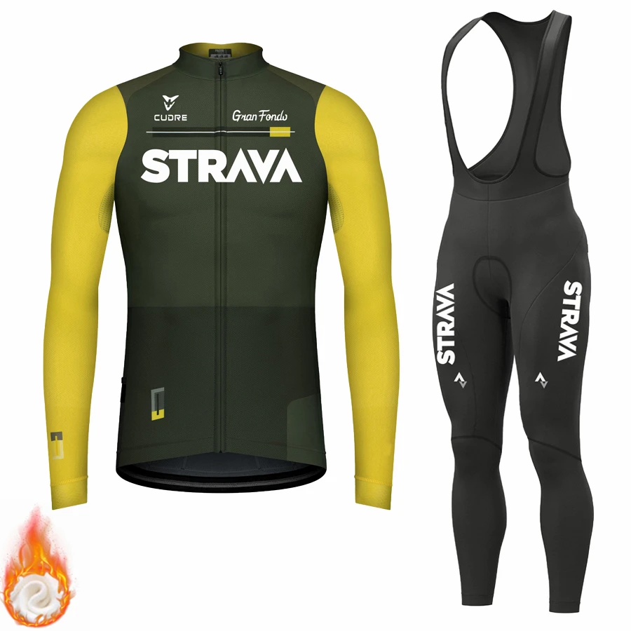 

STRAVA Cycling Jersey Set Man Long Sleeve Cycling Clothes Winter Thermal Fleece Mountain Road Bike Ropa De Ciclismo Hombre Warm