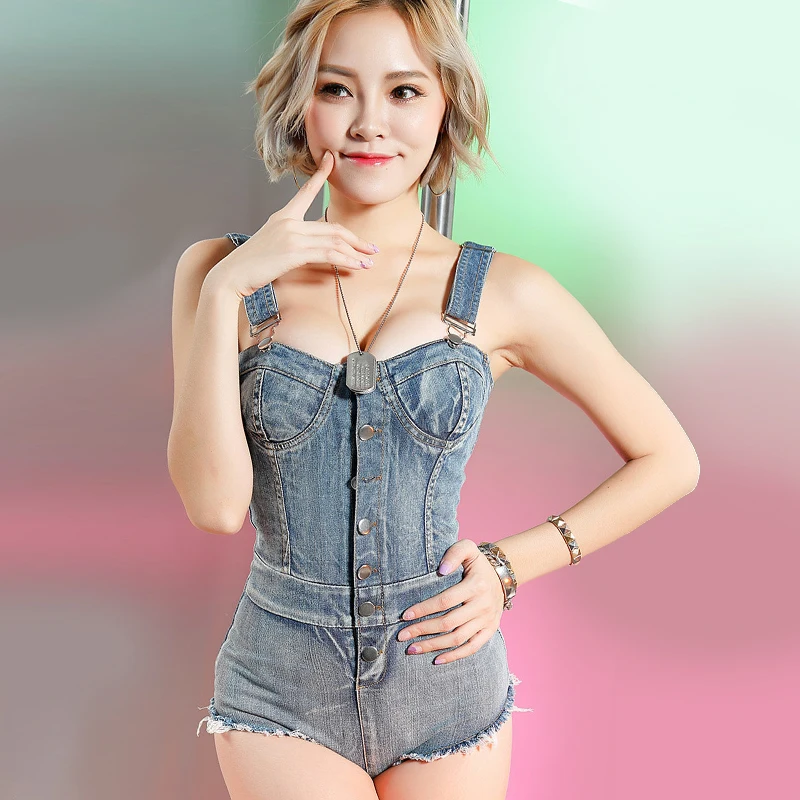 Женский джинсовый комбинезон на бретельках однобортный клубный с брюками из