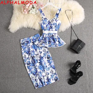 Женский костюм ALPHALMODA, майка и прямая юбка, комплект из 2 предметов, блузка с оборками и принтом, до колен, 2020