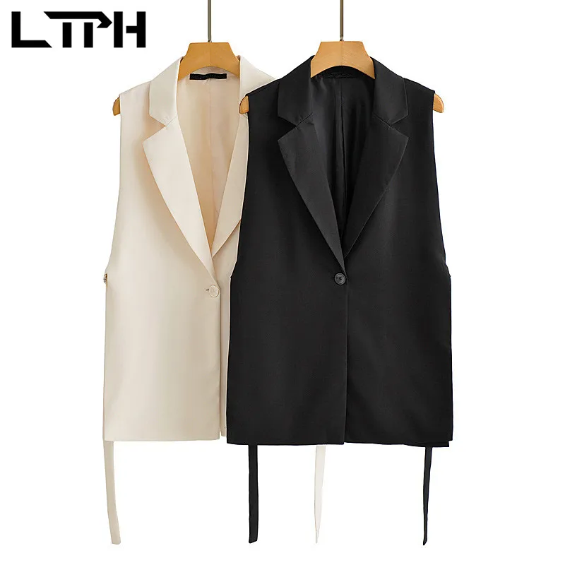 

LTPH streetwear casual women blazer vest solid single button sleeveless cardigan outwear Lace-up split suit coat 2021 autumn new