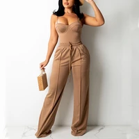 stylish lady elegant 2 piece set women back zipper cami top and drawstring wide leg pant set 2021 autumn office lady outfits