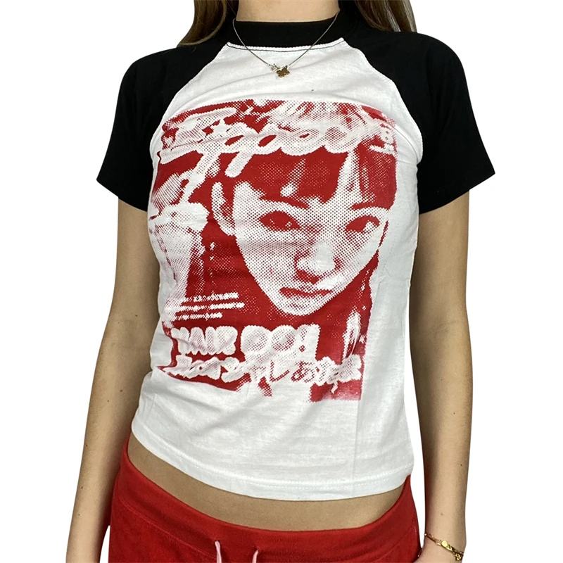 

Hirigin Girls Creative Figure Head Portrait Printing Raglan Short Sleeve Tops Slim Base Shirt Ladies Summer Round Collar T-shirt