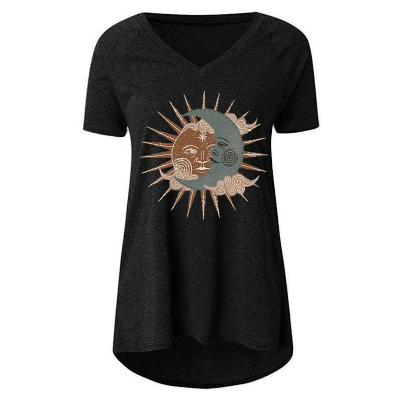 

2021 Women Summer Clothes Casual V Neck Short Sleeve Tshirt Graphic Sun Moon Print Tunic Tops Loose Tees T Shirt Camisetas Mujer