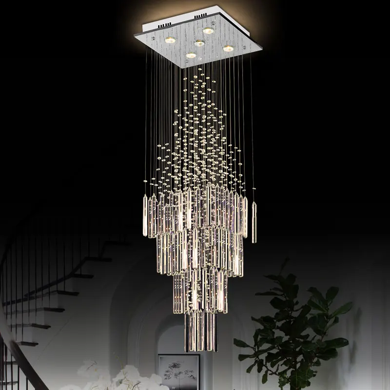 

Modern Ceiling Chandelier For Living Room Columnar Crystal Hanging Lamp Square Base Light Fixture Staircase Loft Cristal Lustre