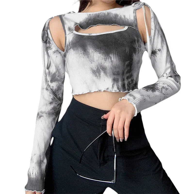 Женская Осенняя футболка с дырками модные женские пуловеры длинным рукавом и