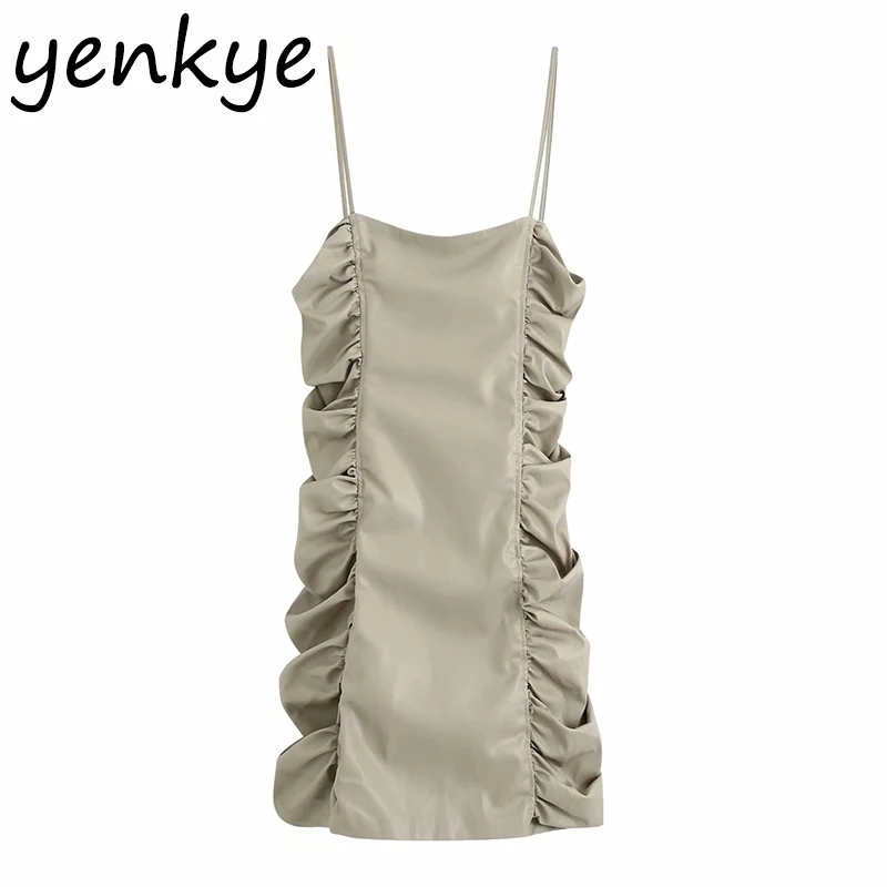 Модное женское винтажное однотонное драпированное платье из искусственной кожи