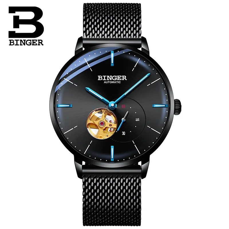 Black Blue Switzerland BINGER 8 мм ультратонкие автоматические механические часы мужские брендовые Роскошные мужские часы сапфировые наручные часы мужские водонепроницаемые - Цвет: Black Blue