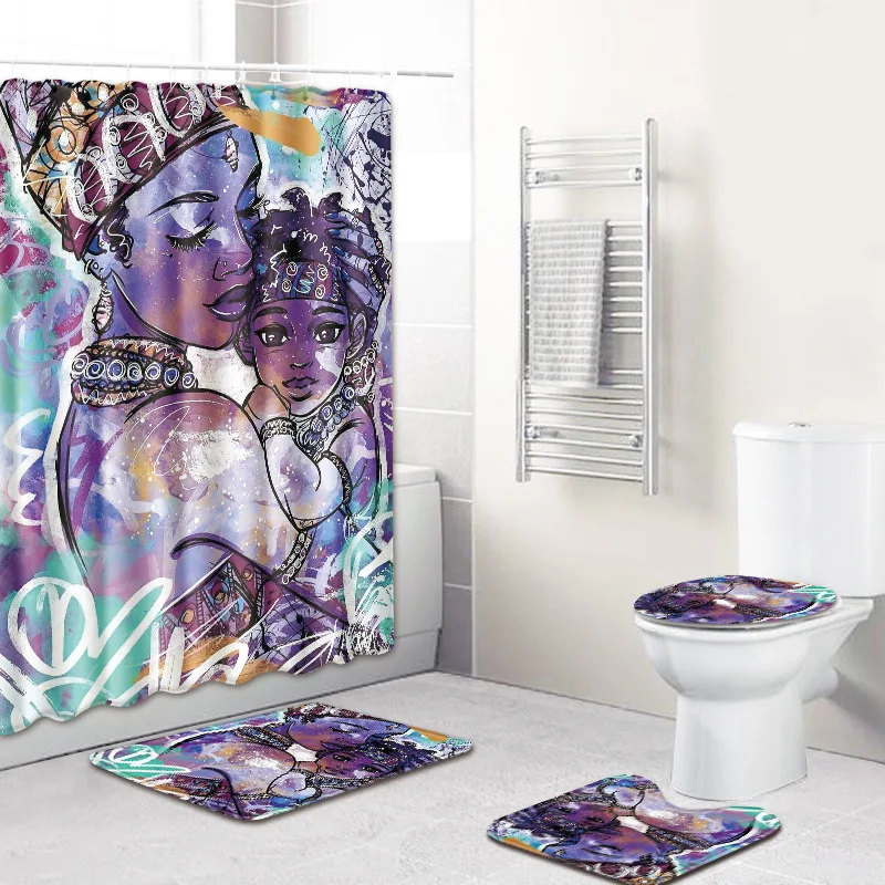 4 Pcs/Set Fashion African American Women Shower Curtains with Hooks Bath Rug Sets Non Slip Carpet Toilet Cover Mat Set | Дом и сад