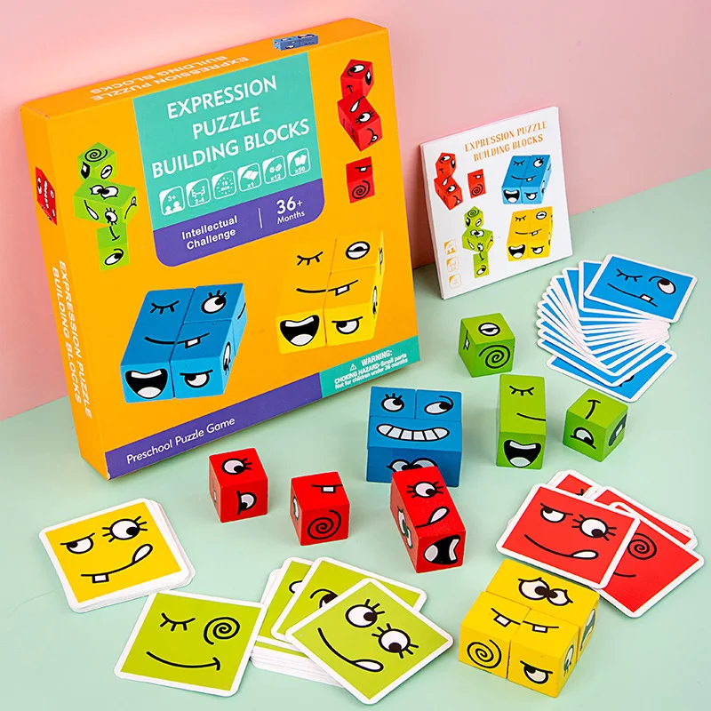 

Kids Wooden Toys Expression Change Building Block Geometric 3D Puzzles Child Montessori Early Educational Games Boys Girls Gifts
