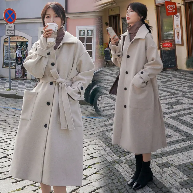 

autumn winter long wool coats woman solid thick warm woolen jacket korean elegant vintage overcoat women fall clothing 2021 tops