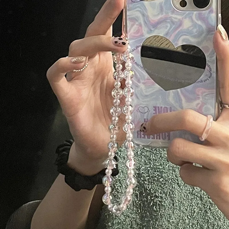 2021 New Transparent Heart Round Beads Imitation Pearl Beaded Mobile Phone Chain Lanyard for Women Anti-lost Accessories |