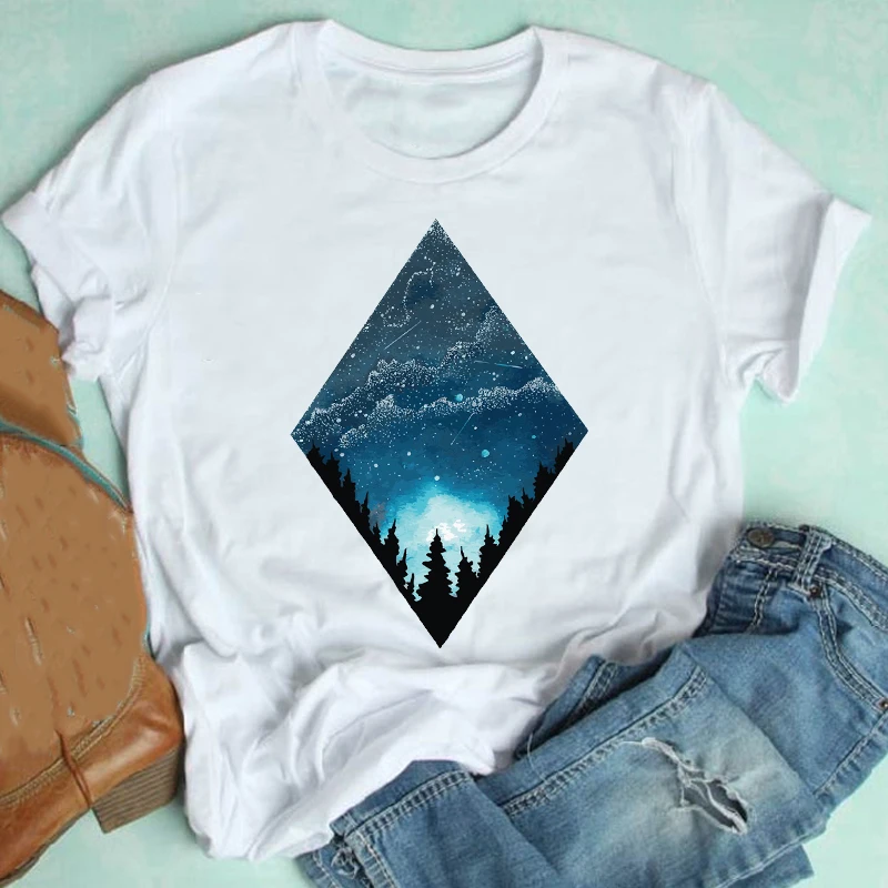 

Women Short Sleeve Geometric Star Space Ladies Girl 90s Style Fashion Clothes Print Tshirt Female Tee Top Graphic T-shirt
