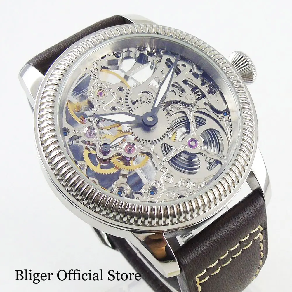 Часы мужские с полым циферблатом и кожаным ремешком 44 мм|Мужские механические