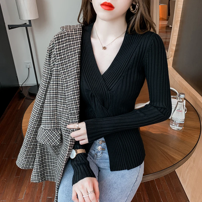 

Autumn New Women's Cross V-Neck Slim High-End Temperament Long Sleeve Fashion Top Knitted Sweater Bottomed Shirt Blouse