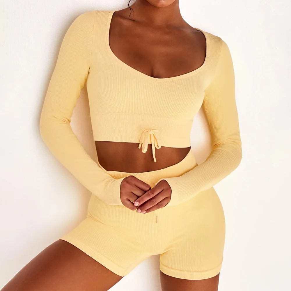

Fitness Clothing Women Tummy Control Yoga Set Sport Set Women Gym Set 2 Piece Sport Suit Long Sleeve Crop Top+Shorts Sportswear