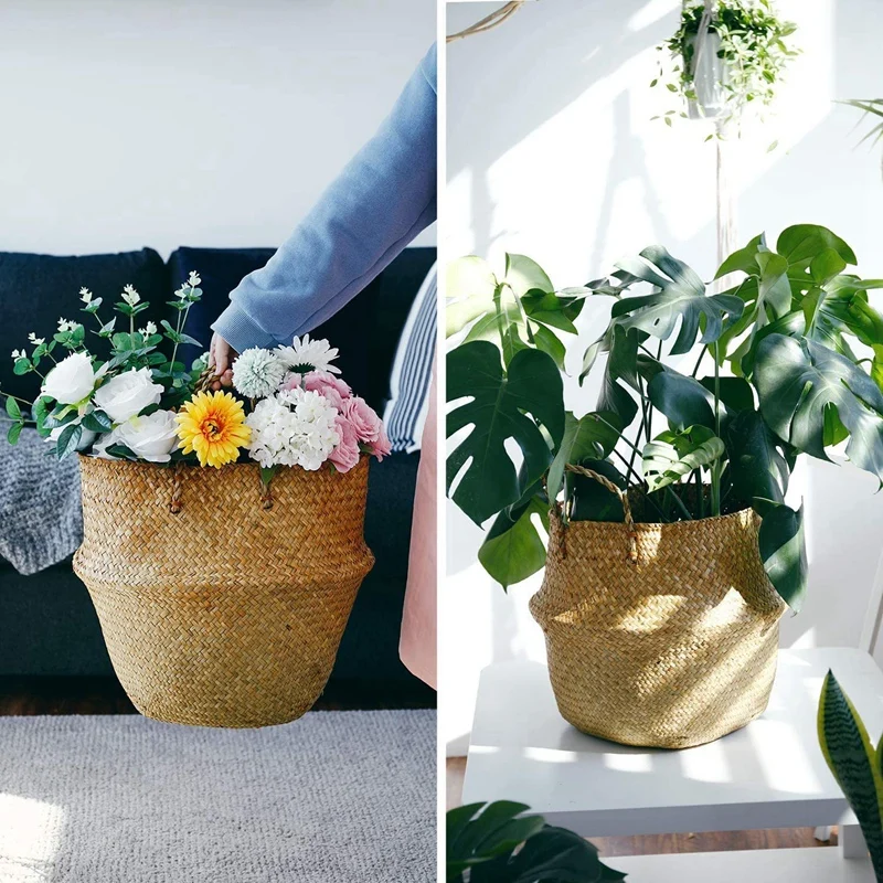 

2Pack Seagrass Plant Basket,Woven Belly Basket with Handles,Storage Laundry,Picnic,Plant Pot Cover,Home Decor