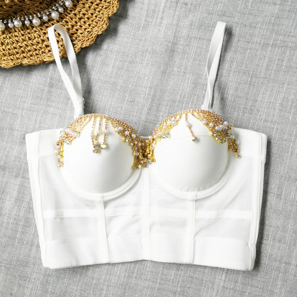 

Cupnaya Gold Chains Fringes Pearls Embroidered Women Stretch Crop Top Sexy Bustier Corset Inside Short Camisole Bralette White