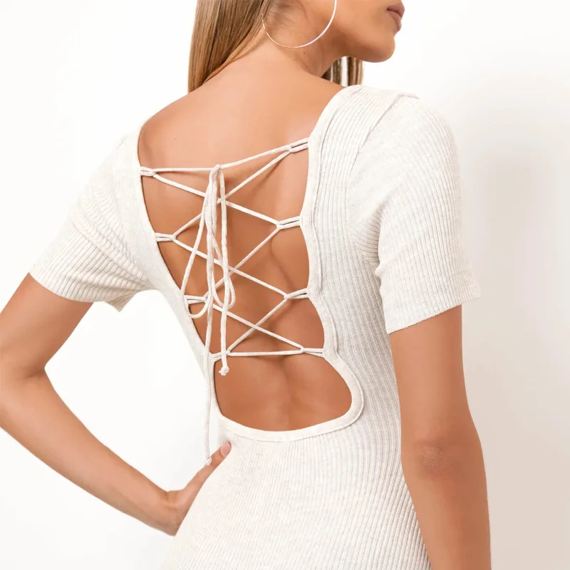 

UVRCOS Knitting Rib Club Outfits For Women Skinny Rompers 2021 Summer Back Lace Up Backless Short Sleeve Square Neck Jumpsuit