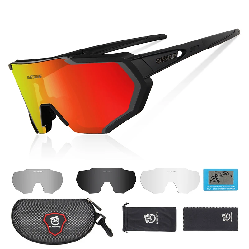 4 Lens Black Red QUESHARK, дизайн, очки для велоспорта для мужчин и женщин,, полностью покрытые линзы, UV400, поляризационные, 3 или 4 линзы, всего - Цвет: 4 Lens Black Red