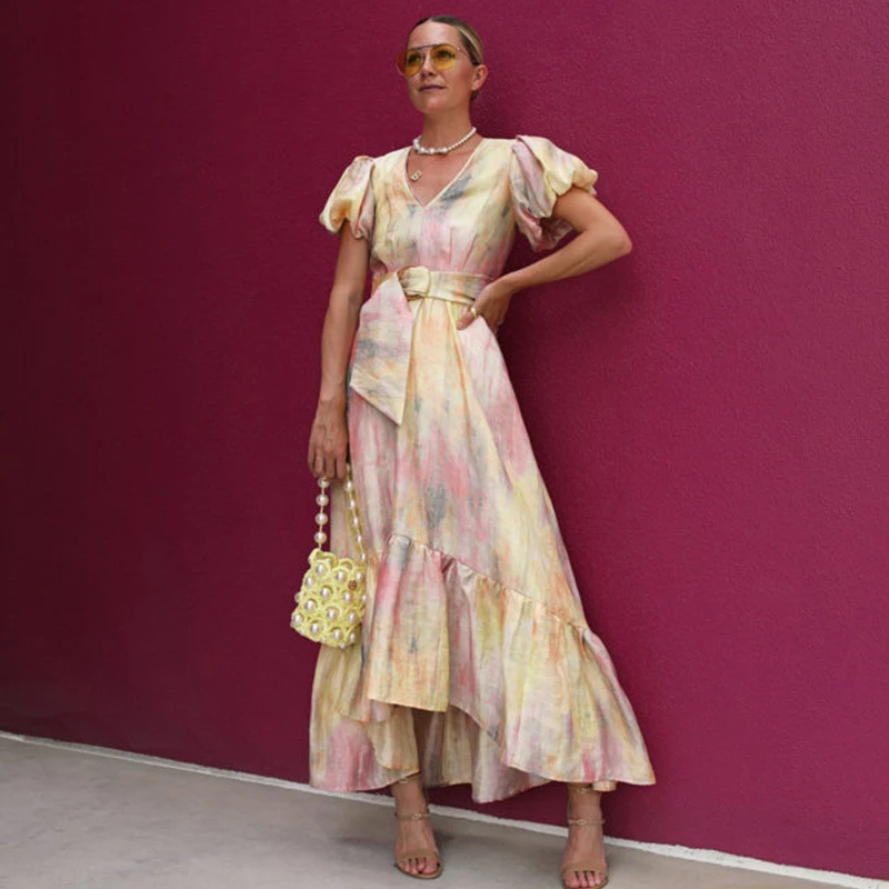 

2021 Floral Print Ruffle Dress Vintage Summer Dress Puff Sleeve V-Neck Dresses For Women