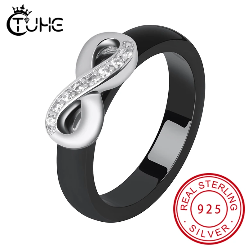 925 Elegant Rings Women 4mm Black White Ceramic Ring India Stone Crystal Infinity Comfort Wedding Rings Engagement Brand Jewelry