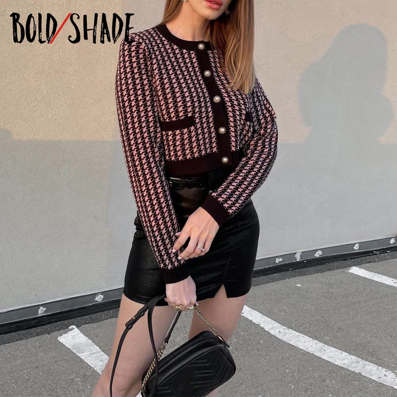 

Bold Shade Street Style Indie Knitting Matching Sets Houndstooth Button Crop Cardigan Tops and Mini Skirts Women Y2K Trendy New