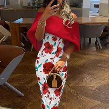 Vestido de mujer con cuello de una línea y hombro vuelto, vestido delgado con bolso, vestido ajustado a la cadera (4)