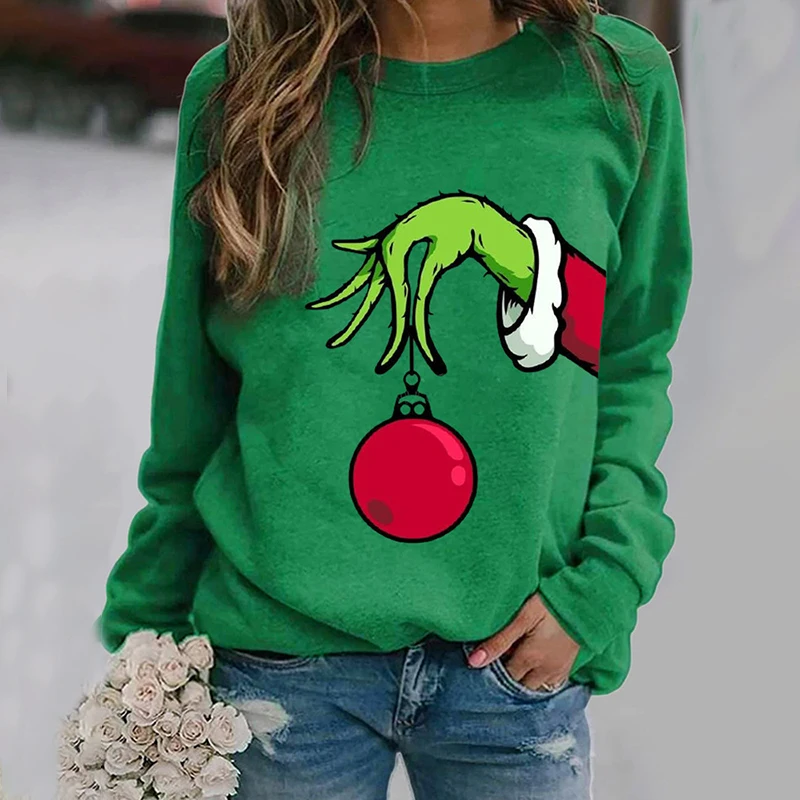 

2021 Autumn Winter Casual Round Neck Plus Size T-shirts Daily Wear Oversize Tee Shirts Christmas Grinches Print Long Sleeve Tops