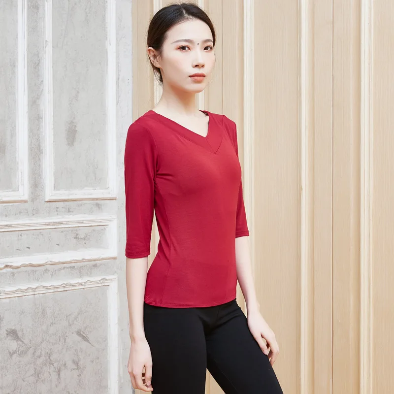 

National Dance Practice Clothes, Tight V-neck Long-sleeved Tops, Adult Slim Ballet Bodysuits